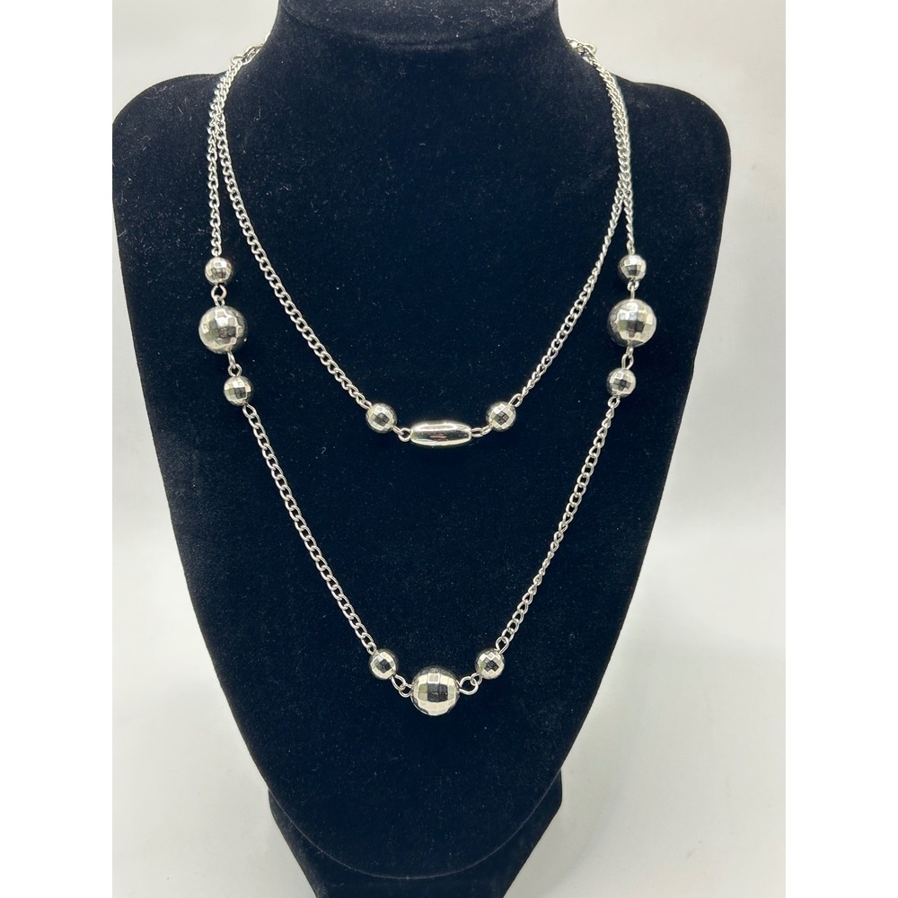 Silver Tone Double Strand Layered Necklace Faceted Disco Ball Bead Curb Chain